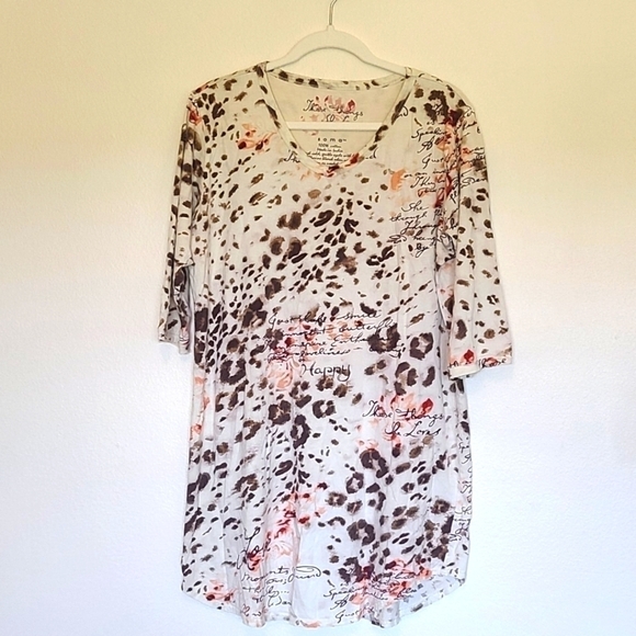 Soma Short Sleeve 100% Cotton Tunic Lounge Top w/ Leopard Print & Floral Design - Picture 1 of 5
